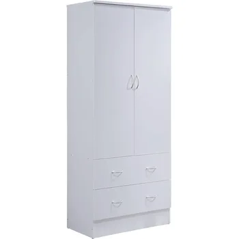 2-дверный деревянный шкаф-купе для спальни с вешалкой для одежды внутри шкафа и 2 ящиками для хранения, белый