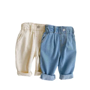 2023 Осенние новые детские свободные джинсовые брюки, однотонные детские повседневные брюки, джинсы для мальчиков, одежда для малышей, модные брюки для девочек