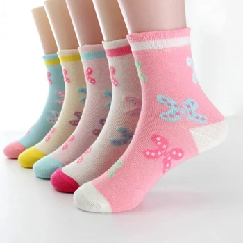 5 Пар носков для девочек, осенне-зимние хлопковые модные детские носки с бабочками для девочек, Детские носки от 1 до 15 лет