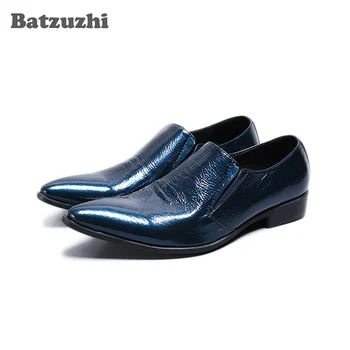 Batzuzhi Синие мужские модельные туфли из натуральной кожи Роскошные мужские туфли с острым носком Официальные деловые кожаные туфли Мужские вечеринки и свадьбы