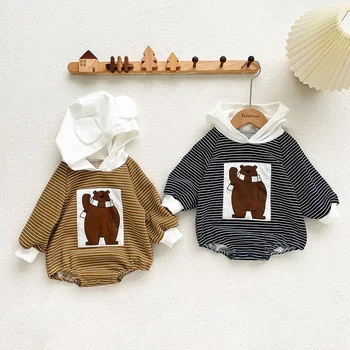 Весенне-осенний полосатый комбинезон с длинными рукавами для новорожденных для девочек и мальчиков, однотонный милый комбинезон с треугольным рисунком медвежонка и капюшоном в виде лианы