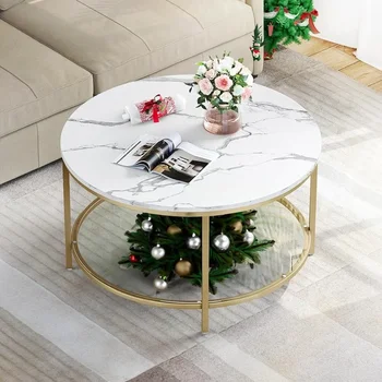 Двухъярусный круглый журнальный столик с местом для хранения Прозрачная мебель для журнального столика Белого и золотого цвета Для гостиной Дома без груза