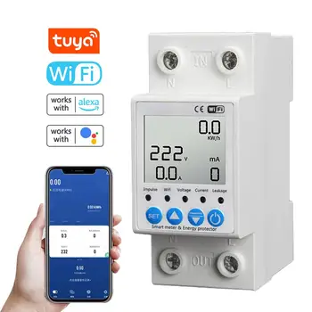 Интеллектуальный выключатель защиты от утечки Tuya WiFi 63A Контроль тока Напряжения Автоматический выключатель Таймер Измеритель мощности Управление приложением