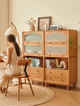Книжный шкаф из массива скандинавского дерева, вишневый шкаф для хранения в гостиной, решетчатый шкаф со стеклянной дверью