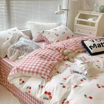 Комплект постельного белья в корейском стиле Twin Queen Size, милый Кремово-вишневый пододеяльник, Плоская простыня, Наволочка, постельное белье принцессы из полиэстера для девочек