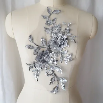 Кружевная аппликация, вышитая серебряными блестками, Нашивка из цветочной ткани для свадебного платья, украшение свадебного платья для одежды, Поделки своими руками