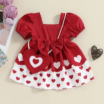 Летнее платье для маленьких девочек, сумка через плечо в форме сердца, платье с коротким рукавом и квадратным вырезом для малышей, детская одежда для дня Святого Валентина, свадебная одежда