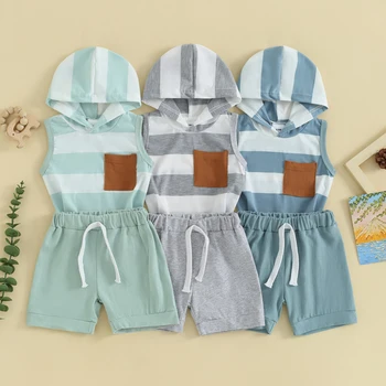 Летние комплекты одежды для новорожденных мальчиков и девочек, полосатые футболки с капюшоном и карманами без рукавов с принтом, 2 предмета повседневных спортивных костюмов