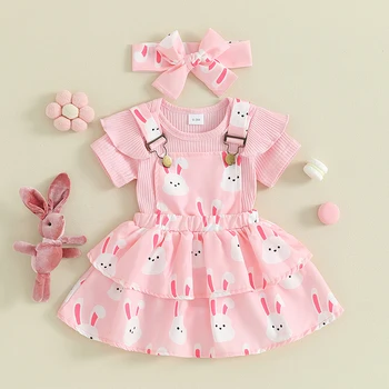 Милый комплект одежды для маленьких девочек, комбинезон с короткими рукавами и цветочными подтяжками, юбка, повязка на голову, Летний комплект одежды