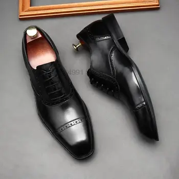 Модные мужские оксфорды из натуральной кожи на шнуровке, вечерние офисные официальные туфли, высококачественные черные дизайнерские мужские модельные туфли с открытым носком