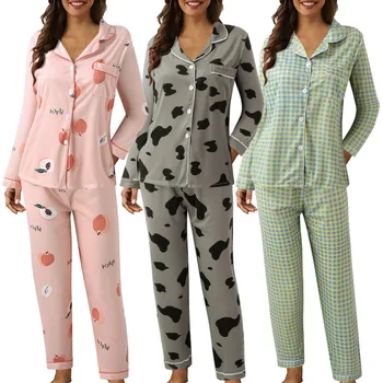 Модный принт, Лацканы, карманы на пуговицах, пижамы, Женские топы, Длинные брюки, Пижамные комплекты, Ночное белье, Женский пижамный костюм, Роскошный пижамный комплект