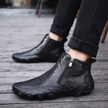 Мужские ботинки Новые Туфли из крокодиловой кожи для верховой езды с высоким берцем Модные Черные плюс бархат
