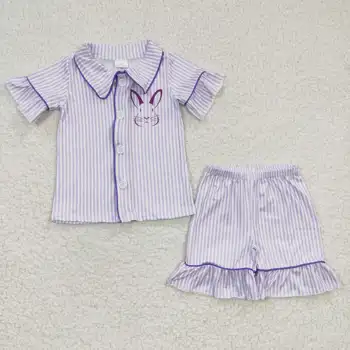 Новинки 2023 года, без MOQ, необычный детский костюм с фиолетовыми шортами в виде кролика, комплекты детской одежды в полоску, пижамы для маленьких девочек, наряды