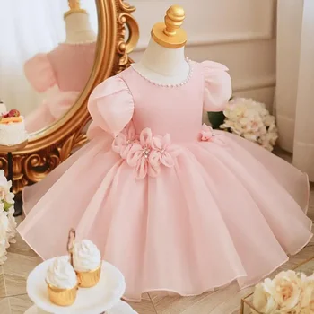 Новое детское вечернее платье принцессы с аппликацией из жемчуга и банта на день рождения, Крещение, Пасху Ид Платья для девочек