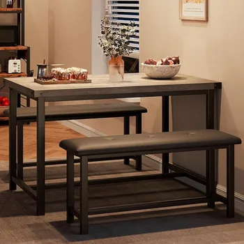 Обеденный стол на 4 персоны, кухонный стол со скамейками, для небольшого пространства, квартира, Серый в деревенском стиле