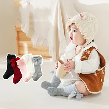 Однотонные детские носки в полоску с бантом, зима-осень, Мягкие гольфы для новорожденных, нескользящие носки для девочек с милым бантом, Sokken