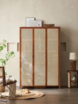 Плетеный шкаф из ротанга в японском стиле из массива дерева, небольшой бытовой трехдверный шкаф для хранения вещей, гардероб для проживания в семье