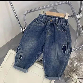 Рваные джинсы для мальчиков, 2023, осенние новые детские штаны, корейские детские штаны, повседневные брюки, детские шорты для девочек