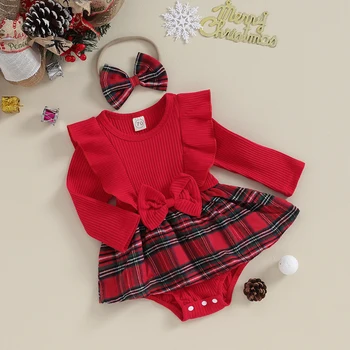 Рождественский наряд для новорожденной девочки, красное клетчатое платье-комбинезон с оборками, боди в рубчик с длинным рукавом и повязкой на голову