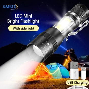 Светодиодный Мини-фонарик с сильным светом и боковой подсветкой COB, Зарядка через USB, Многофункциональная регулировка, Портативный Фонарь для кемпинга на открытом воздухе