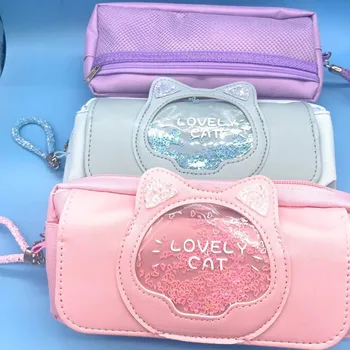 Трехслойный кошачий пенал Новая большая вместительная сумка для карандашей Lovely Cat, сумка для канцелярских принадлежностей из зыбучих песков для девочек