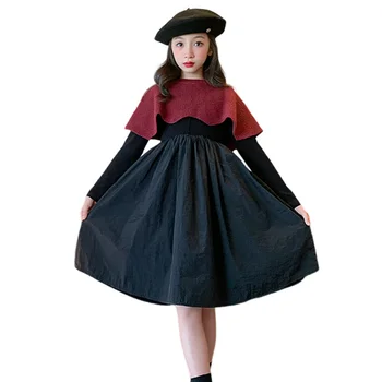 Черные зимние платья для маленьких девочек с вязаной шалью, 2 предмета, детские наряды принцессы с длинными рукавами, детские костюмы для подростков 4-13 лет